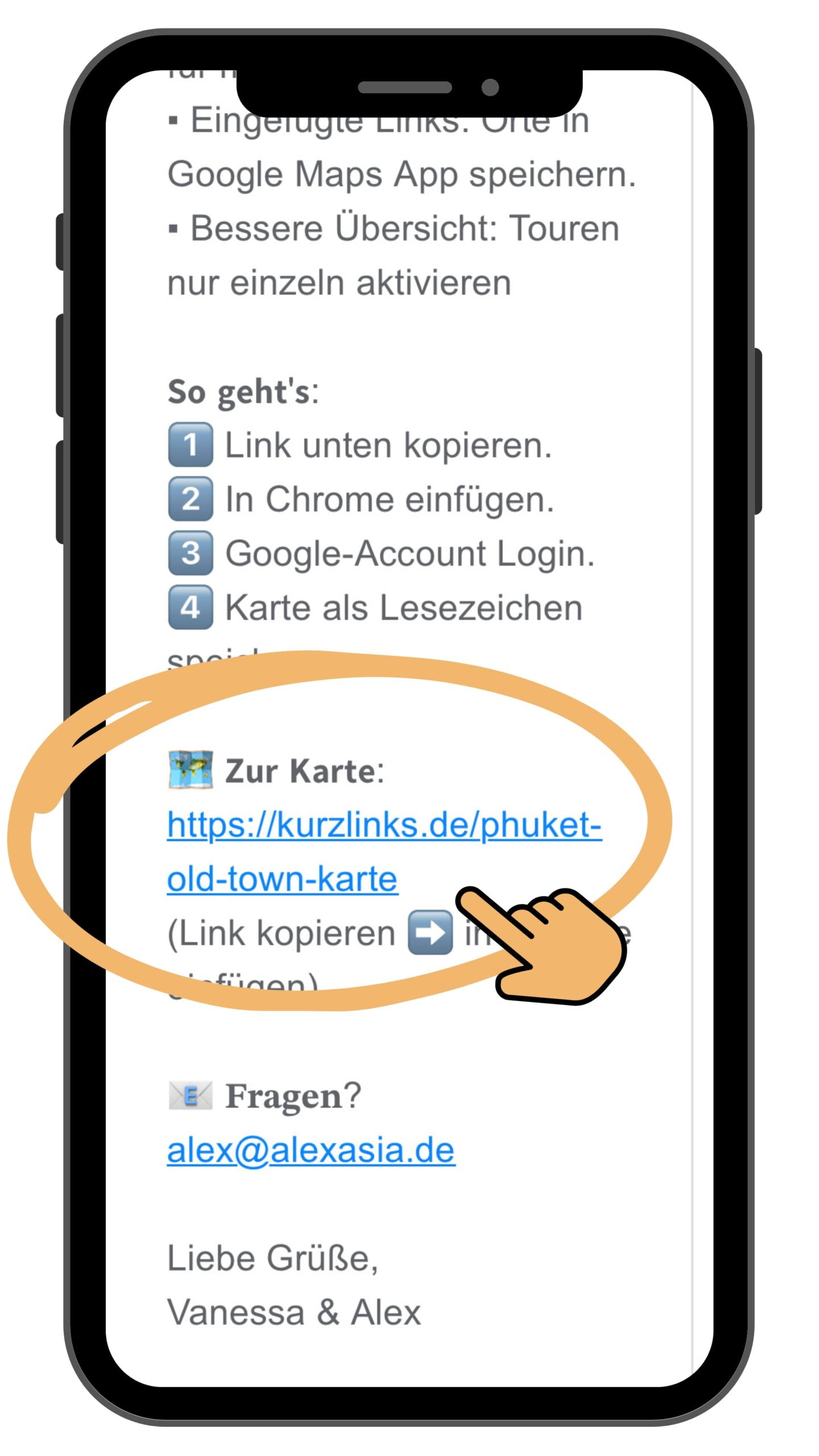 Smartphone-Bildschirm: langer Touch auf den Karten-Link in der Zugangsmail