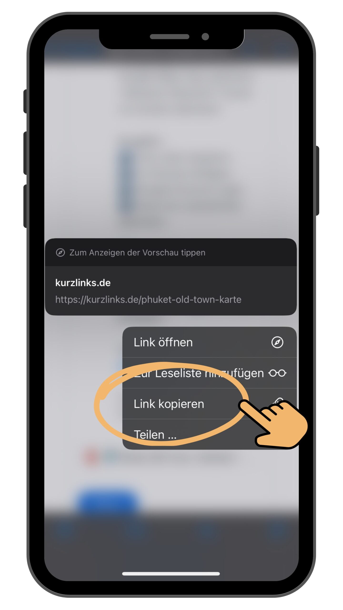 Kontextmenü mit Option Link kopieren auf dem Smartphone