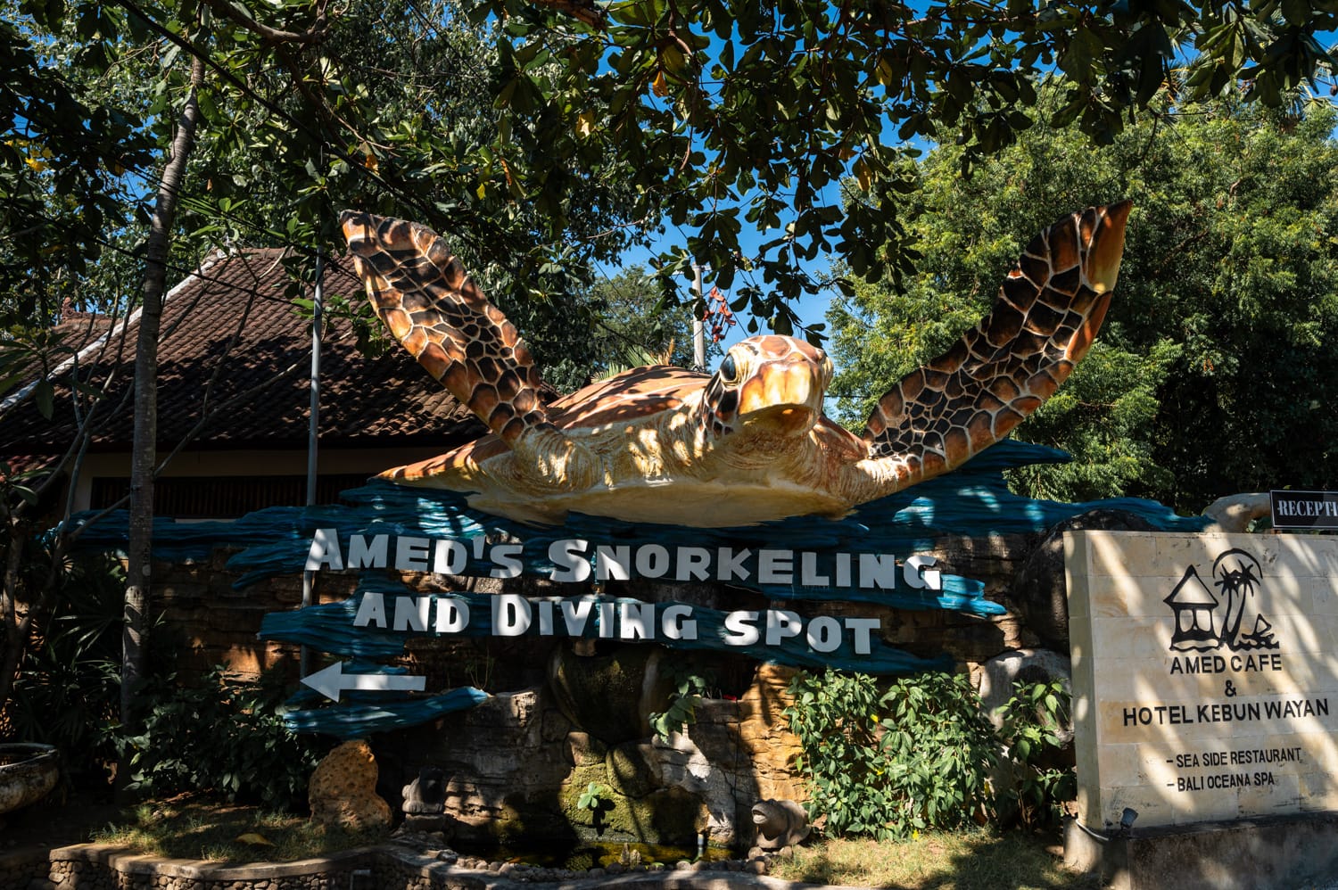 Statue einer Schildkröte und Wegweise zu einem Schnorchelplatz am Amed Beach