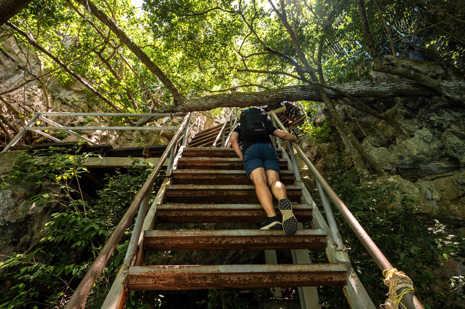 Ang Thong Nationalpark (4) Nils Alexander Kemna steigt eine sehr steile Treppe entlang des Rundweges zur Smaragd-Lagune Talay Nai auf Ko Mae Ko im Ang Thong Nationalpark hinauf