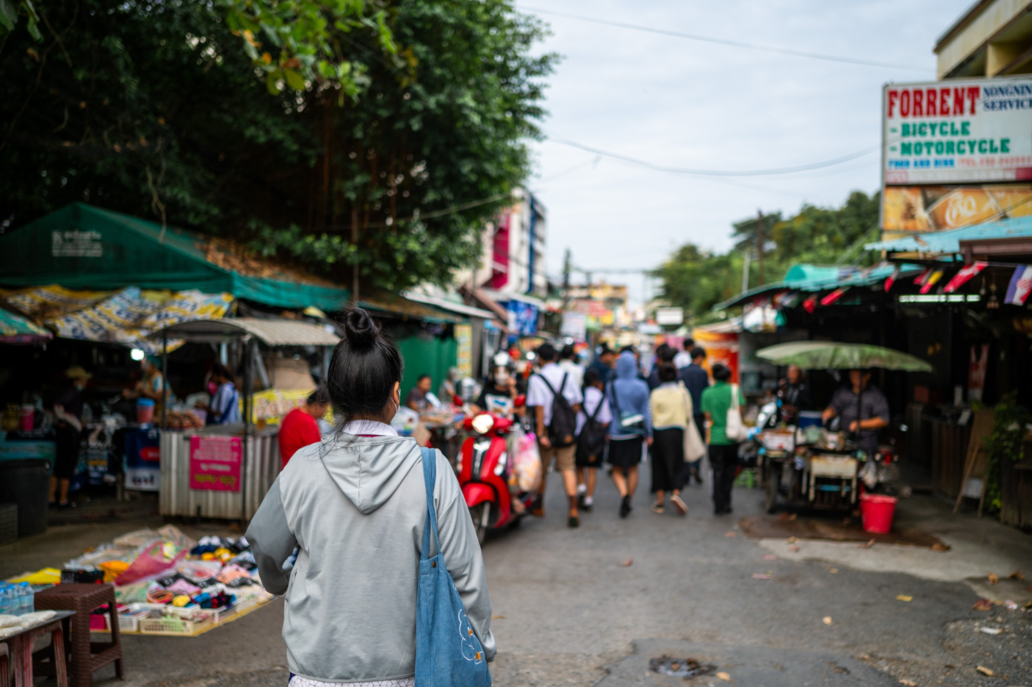 Ayutthaya (19) Entlang der Straße vom Bahnhof zur Fähre liegen viele Restaurants und Vermieter für Fahrräder und Roller