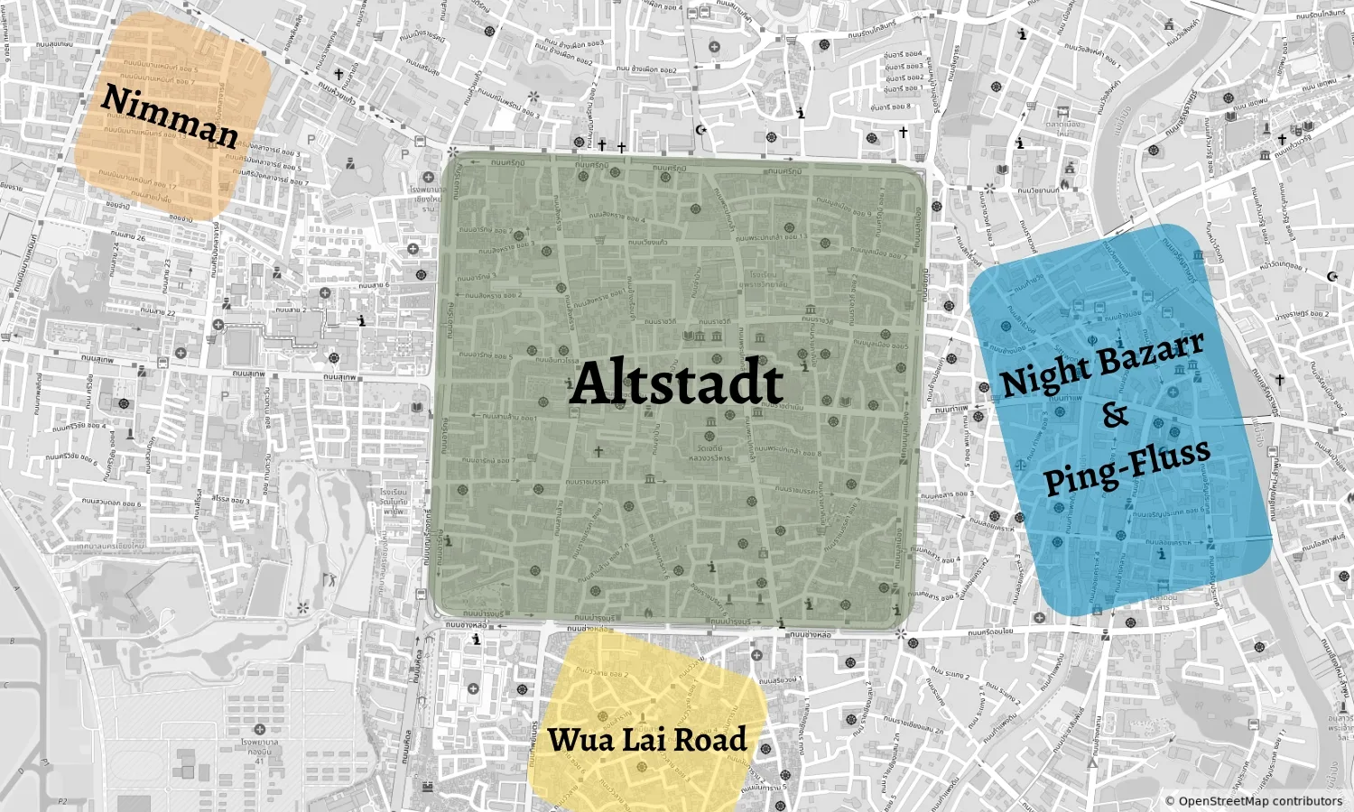 Karte mit den besten Gegenden zum Übernachten in Chiang Mai