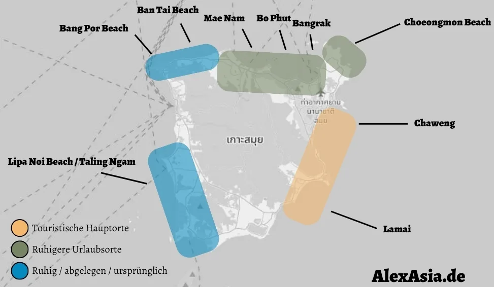 Infografik beste Gegenden zum Unterkommen auf Koh Samui Infografik mit den besten Gegenden und Stränden zum Übernachten auf Koh Samui in Koh Samui Hotels