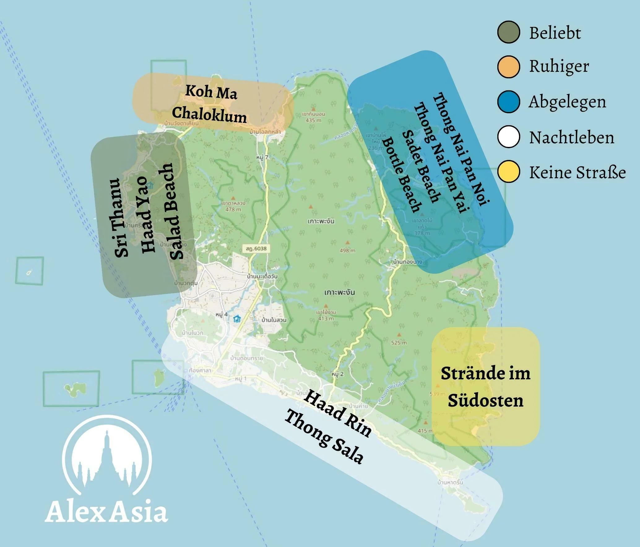 Karte-beste-gegenden-zum-uebernachten-koh-phangan-koh-phangan-hotels Karte mit den besten gegenden zum Übernachten auf Koh Phangan zur Auswahl der besten Koh Phangan Hotels
