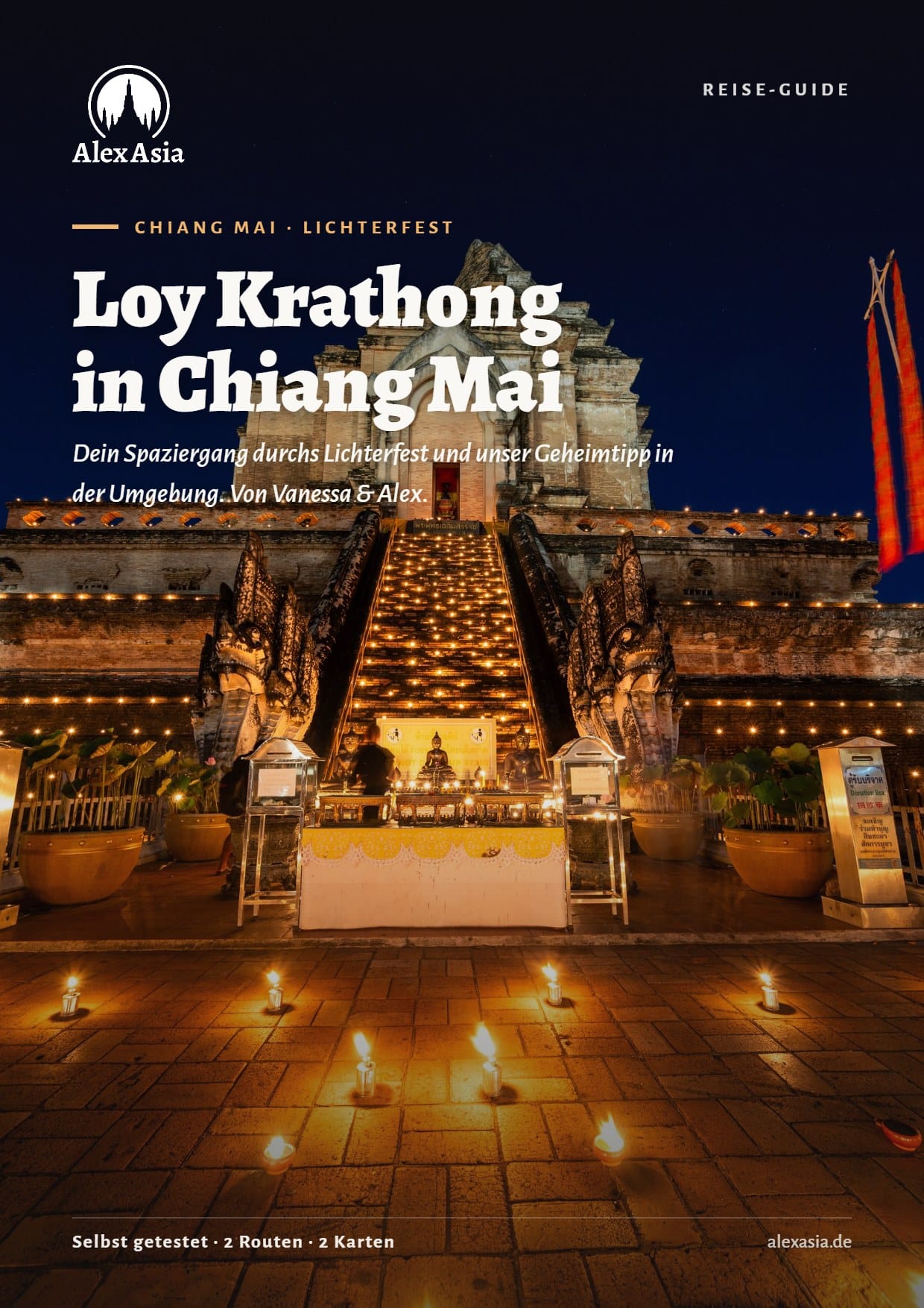 Loy Krathong Chiang Mai PDF-Guide – Cover: Tempel im Kerzenschein beim Lichterfest, von AlexAsia