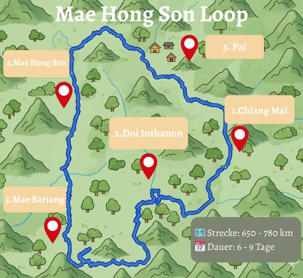 Mae Hong Son Loop Karte mit Route