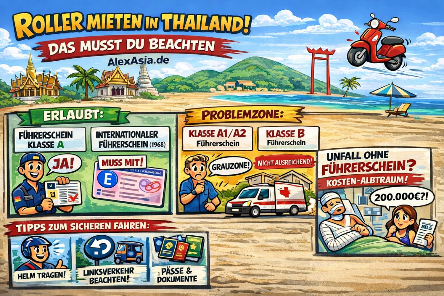 Infografik mit den wichtigsten Informationen zum Roller mieten und Roller fahren in Thailand