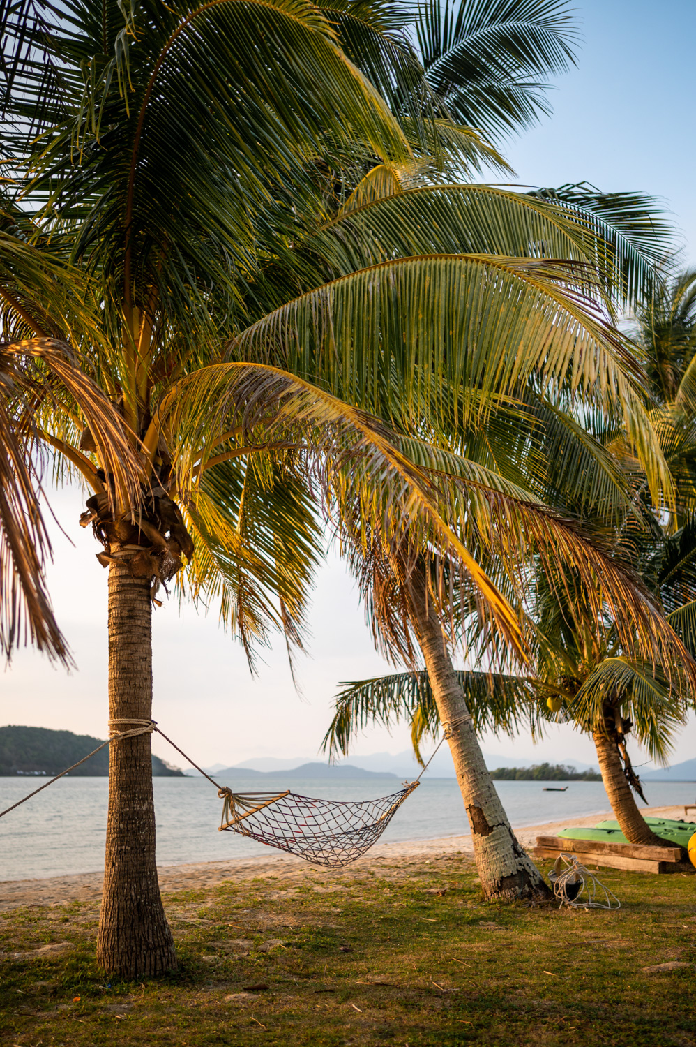 Thailand Rundreise 2 Wochen (17) Palmen auf Koh Mak werden durch den Sonnenuntergang angeleuchtet