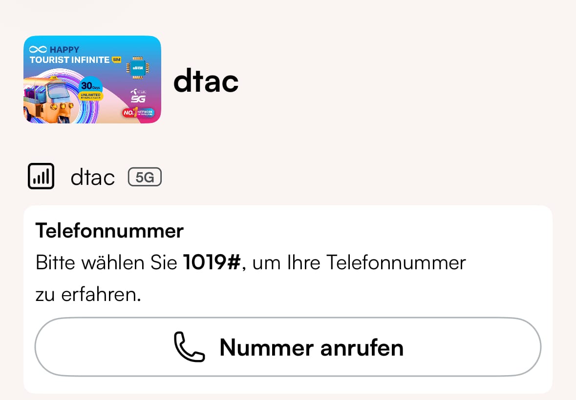 airalo thailand erfahrungen esim (3) Screenshot aus der Airalo App auf dem die Kurzwahl sichtbar ist um die Telefonnummer einer eSIM für Thailand zu erhalten