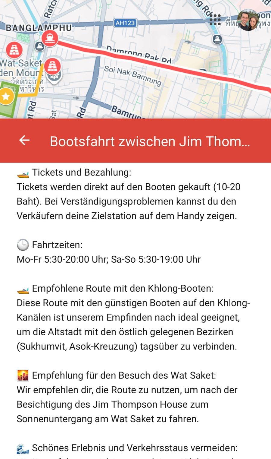 Bangkok-Karte am Handy: Bootsfahrt auf dem Kanal zwischen Jim Thompson House und Wat Saket