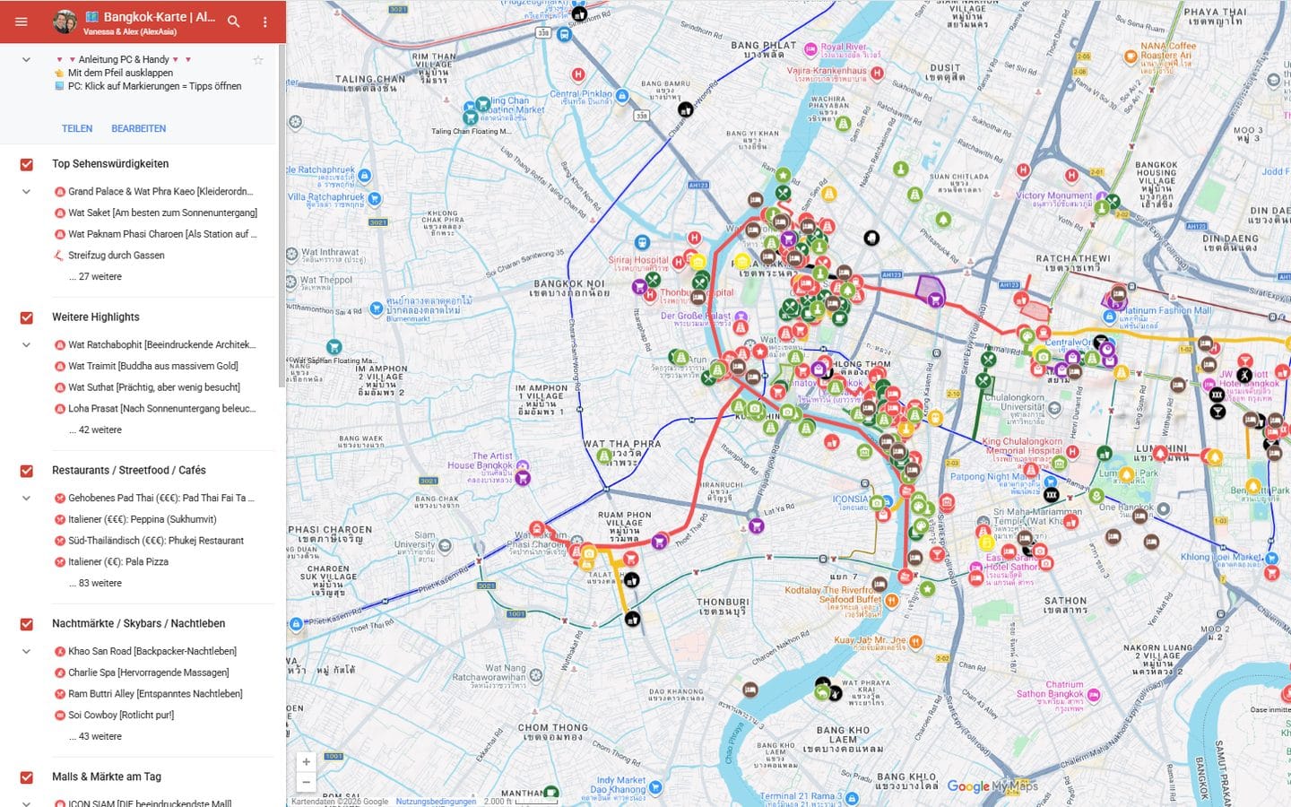 Bangkok-Karte am Laptop: alle Ebenen über der Stadt, links die Liste der Spots