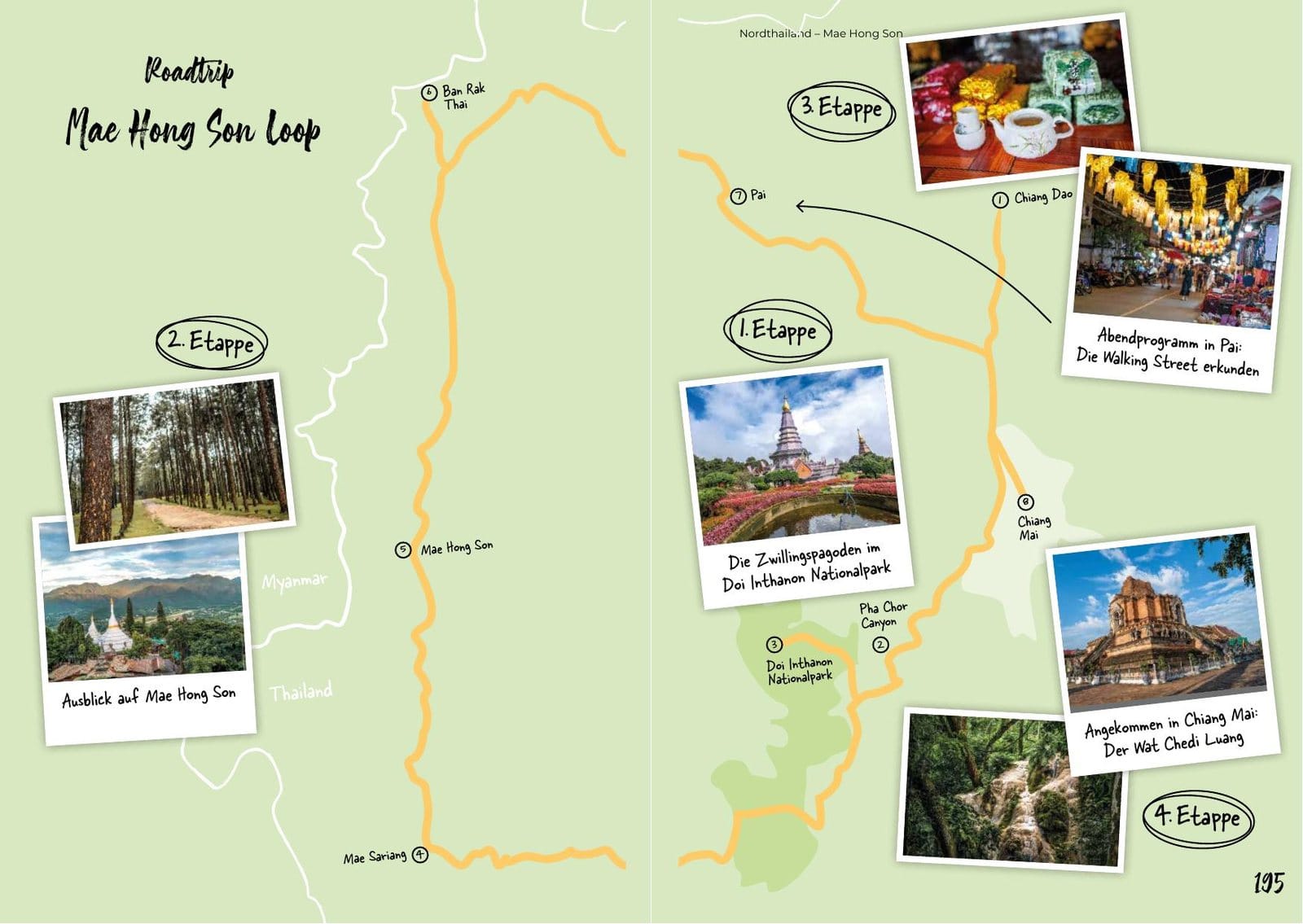 Doppelseite mit der Roadtrip-Karte zum Mae-Hong-Son-Loop aus dem Reiseführer Reiserouten durch Thailand