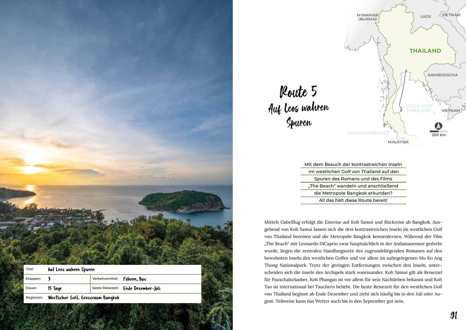 Doppelseite Route 5 mit Thailand-Karte und Steckbrief aus dem Reiseführer Reiserouten durch Thailand