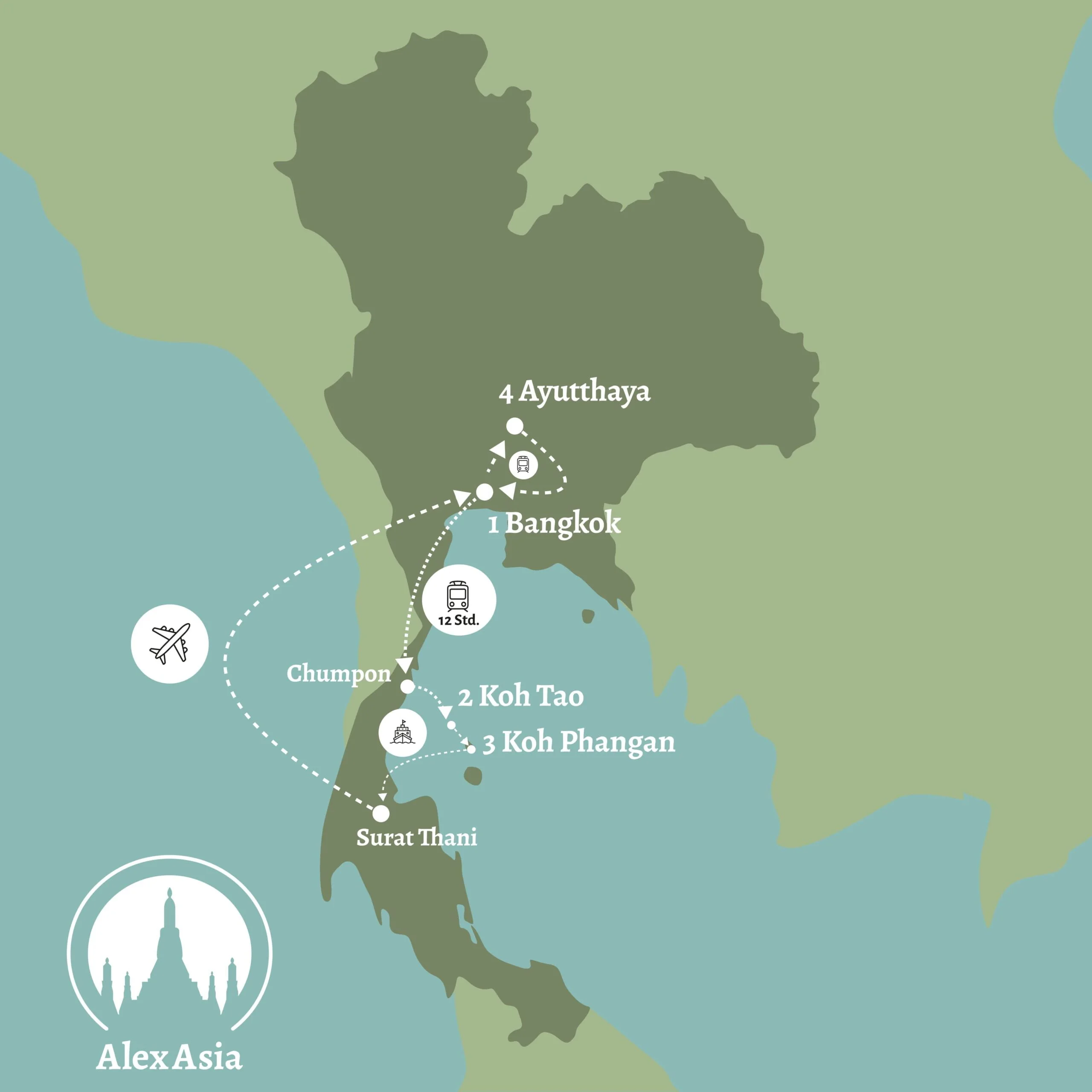 karte-thailand-rundreise-2-wochen karte mit route für thailand rundreise 2 wochen