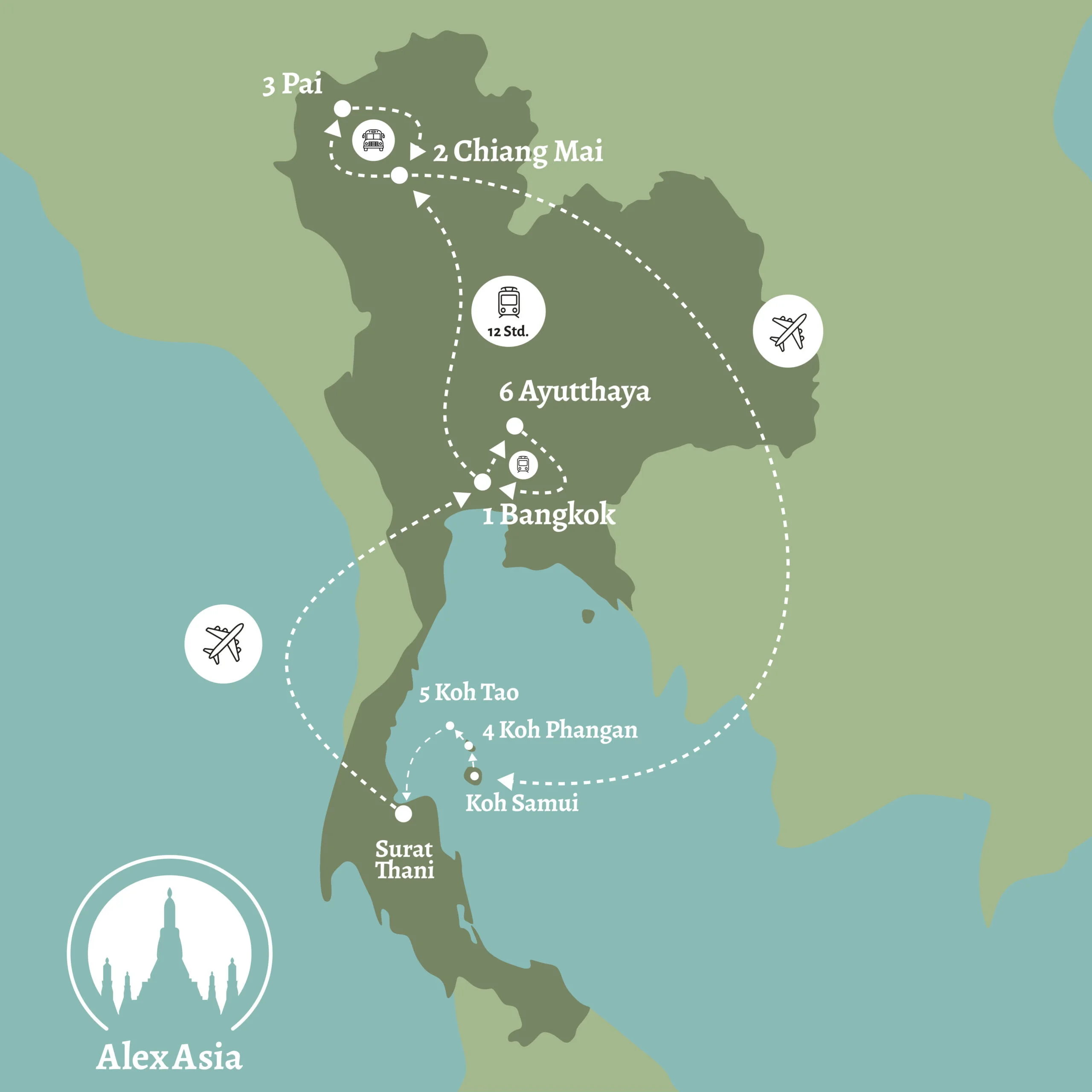 karte mit route für thailand rundreise 3 wochen