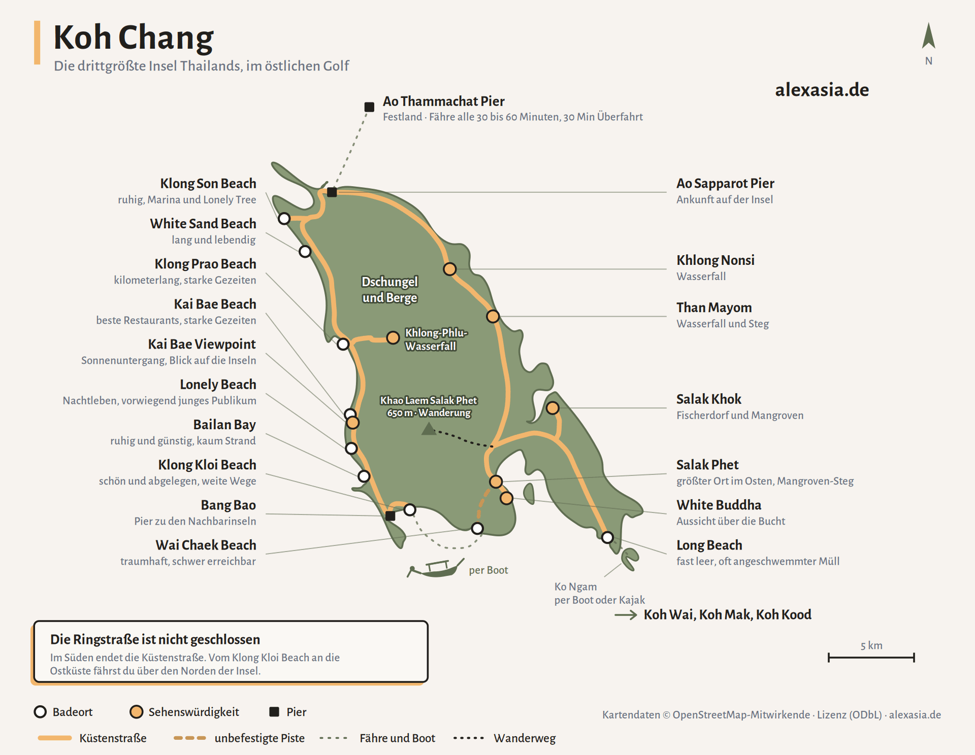 Karte von Koh Chang mit den Stränden der Westküste, den Sehenswürdigkeiten der Insel, den Wasserfällen der Ostküste und der Lücke in der Ringstraße im Süden