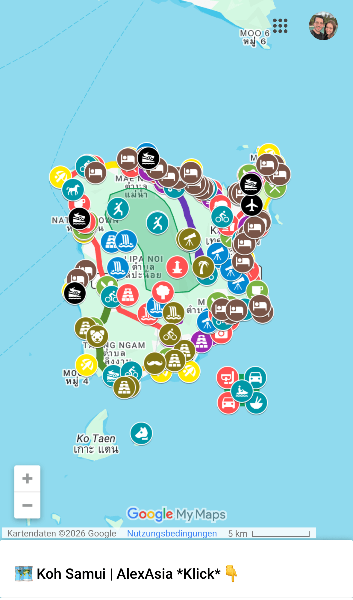 Koh-Samui-Karte am Smartphone mit Pins für Strände, Tempel und Ang Thong von AlexAsia
