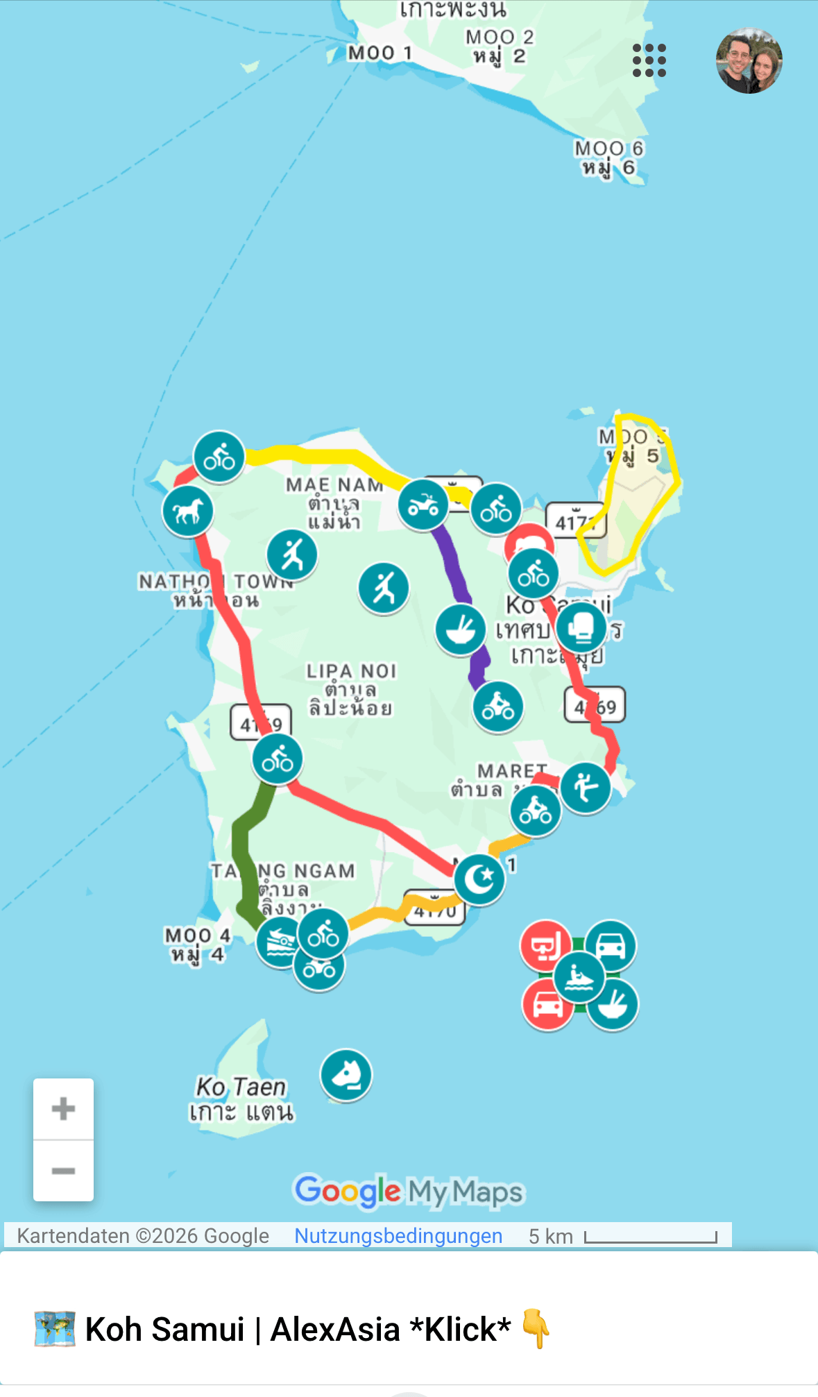 Koh-Samui-Karte am Smartphone mit fertigen Routen über die Ringstraße und Nordküste von AlexAsia