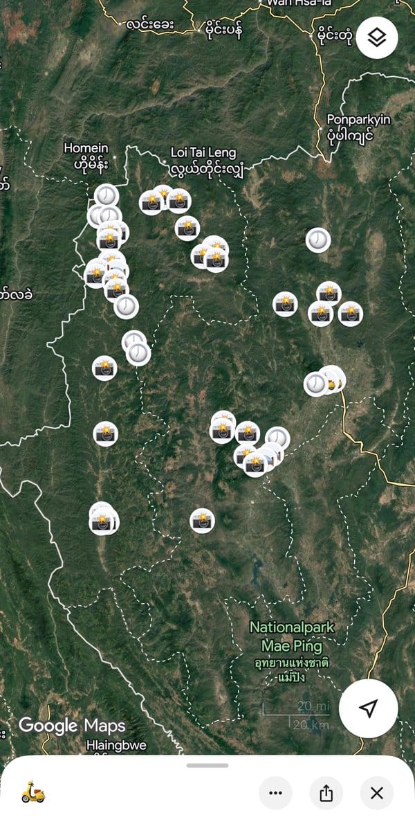 62 Google Maps Pins auf der Karte des Mae Hong Son Loops – Sehenswürdigkeiten, Unterkünfte und Abstecher