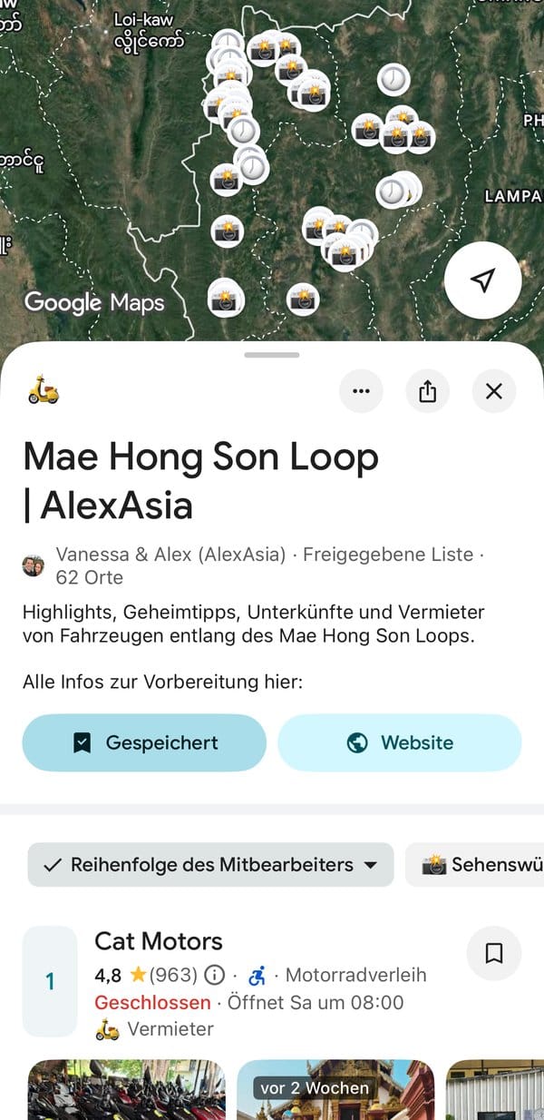 Listen-Ansicht in Google Maps mit allen 62 Pins für den Mae Hong Son Loop und erster Eintrag Cat Motors