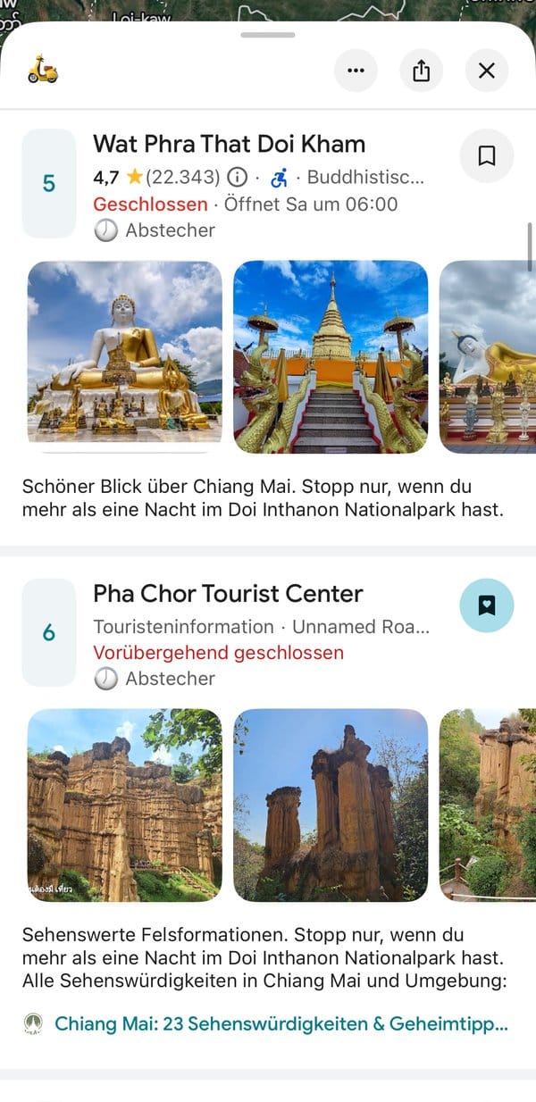Einzelner Pin in Google Maps mit unserer persönlichen Einschätzung zum Tempel Wat Phra That Doi Kham