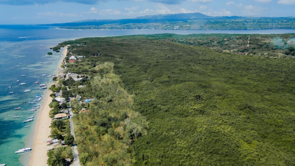 Drohnenfoto des ruhigen Abschnitt des Jungutbatu Beach an der Nordküste mit angrenzenden Mangroven