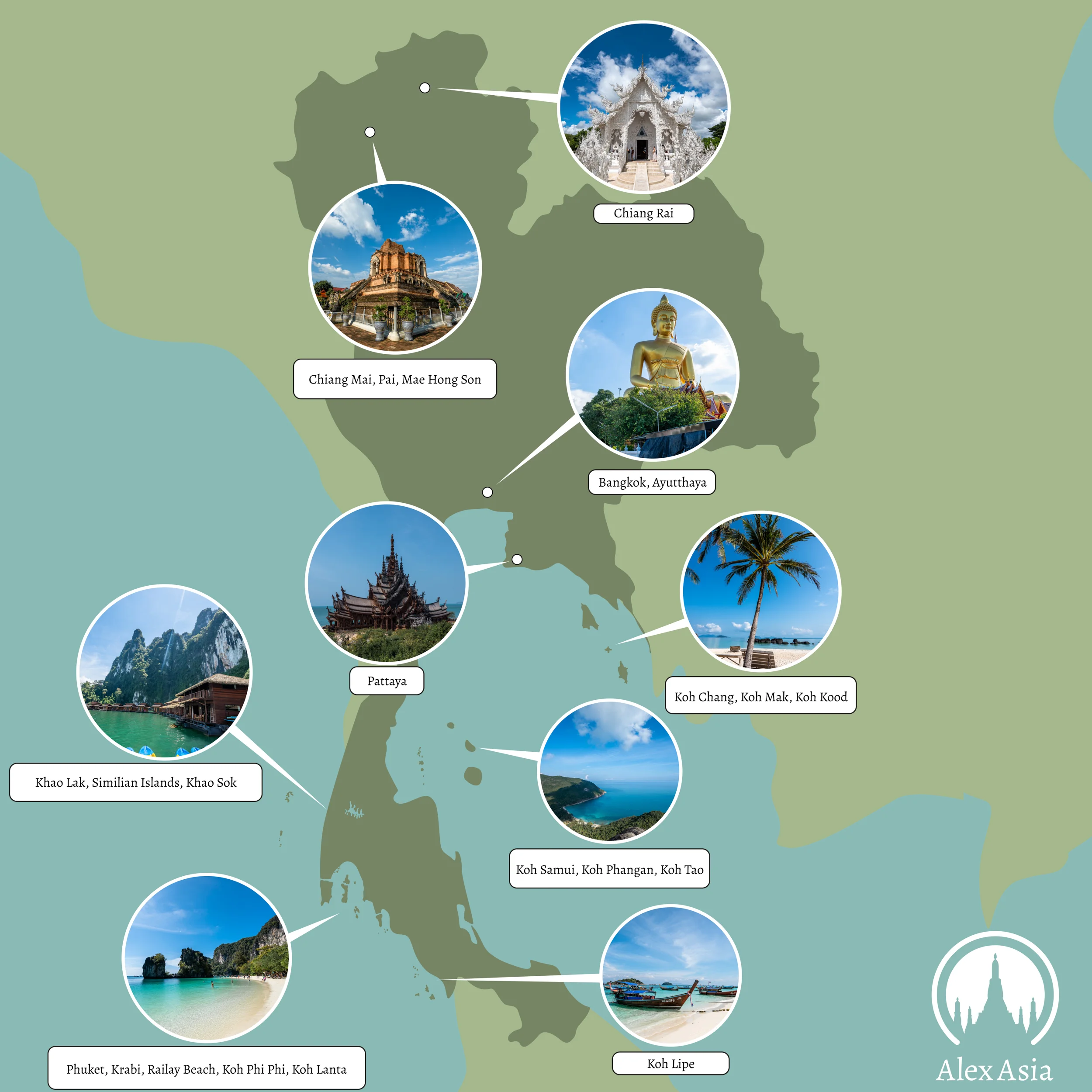 Thailand Karte mit Reisezielen Urlaubsgebieten und Sehenswürdigkeiten