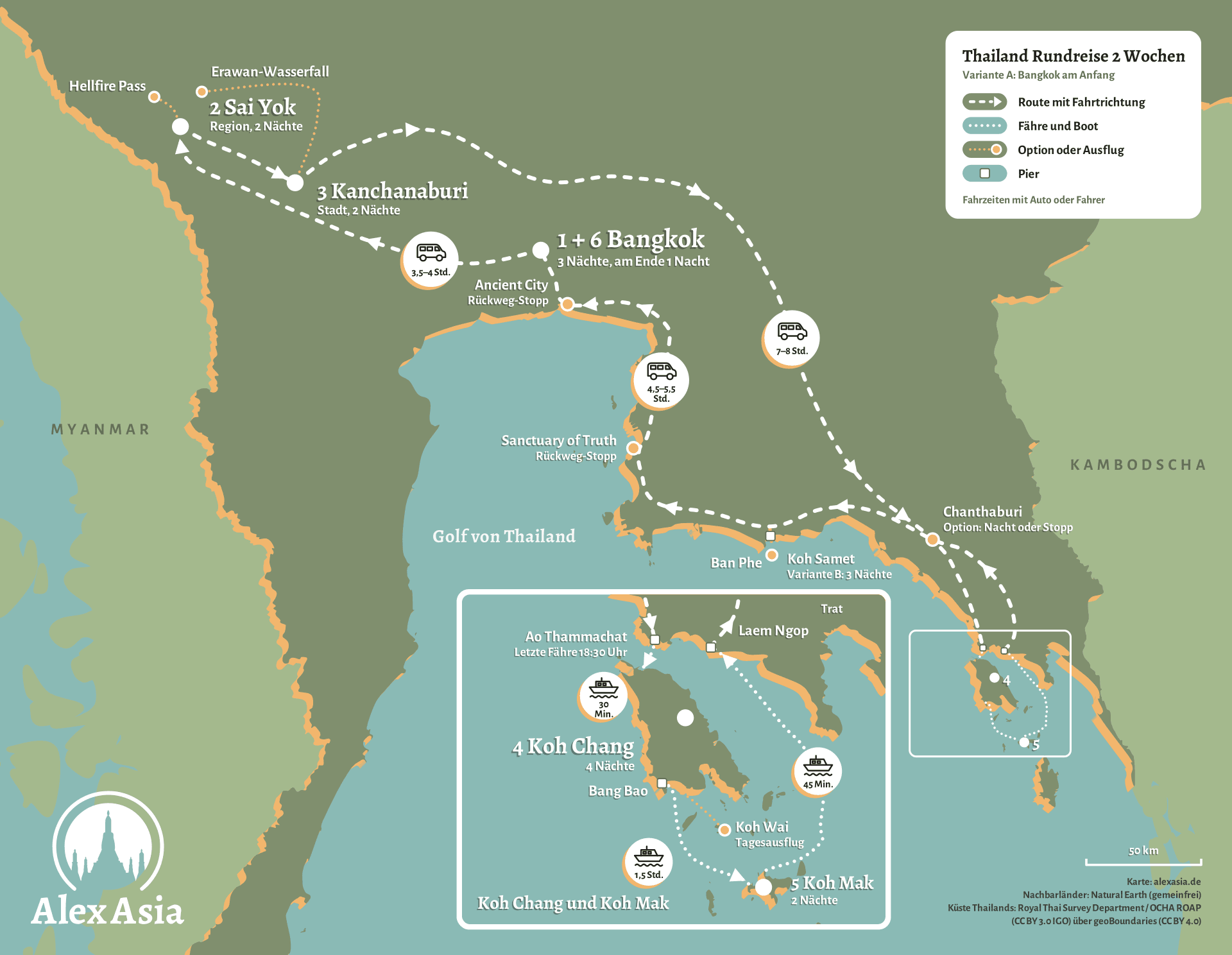 thailand-rundreise-2-wochen-karte Karte von Zentral- und Ostthailand mit der Route unserer Thailand Rundreise über 2 Wochen: Bangkok, Sai Yok, Kanchanaburi, Koh Chang und Koh Mak, mit Nächten, Fahrzeiten, Stopp-Optionen und Detailkarte der Inseln