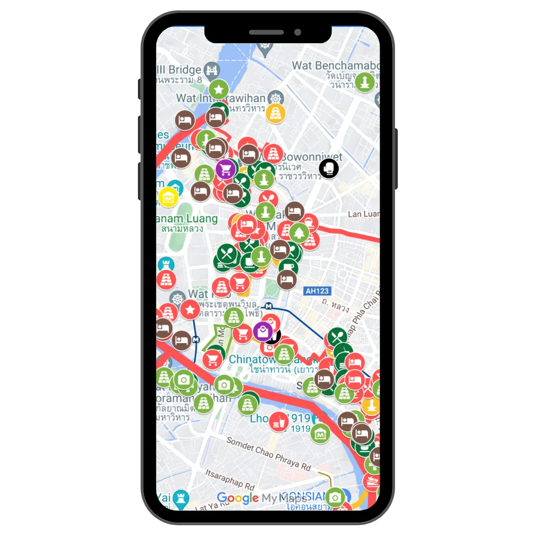 Smartphone-Ansicht der Bangkok-Karte mit über 400 Spots im Zentrum