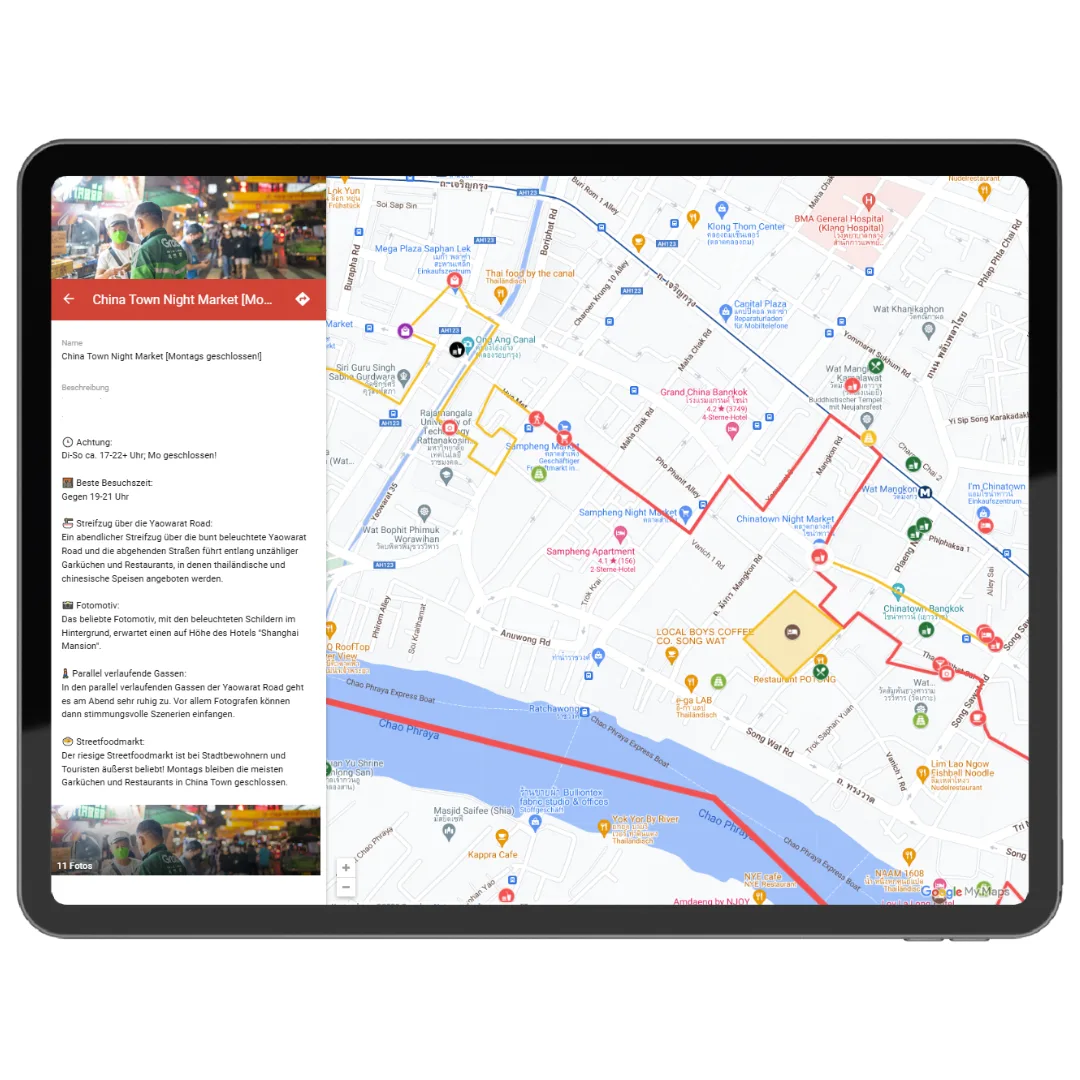 Bangkok-Karte auf Tablet mit Laufrouten, markierten Vierteln und aufgeklapptem Insider-Tipp zu China Town
