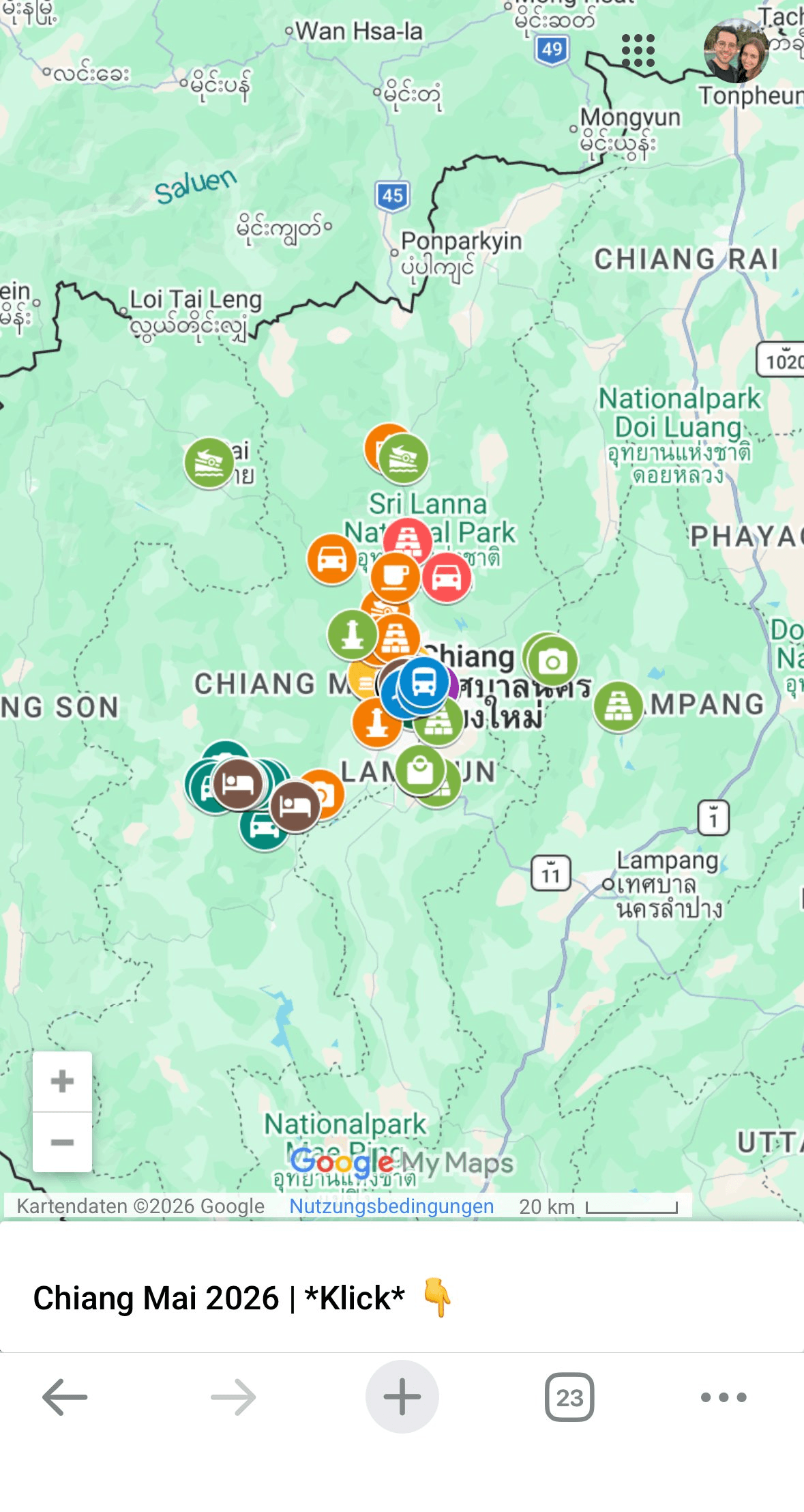 Chiang-Mai-Karte am Smartphone mit Pins für Tempel, Khao Soi und Doi Inthanon von AlexAsia