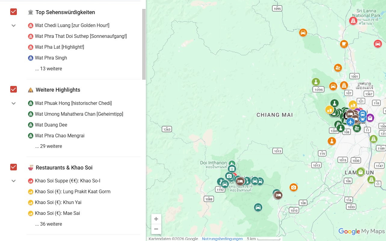 Chiang-Mai-Karte am Tablet mit den Layern Tempel, Khao Soi und Doi Inthanon von AlexAsia