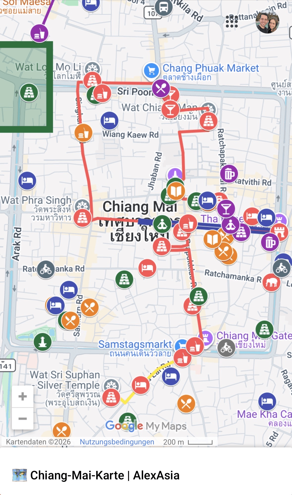 Chiang-Mai-Karte am Smartphone mit Pins für Tempel, Khao Soi und Märkte in der Altstadt von AlexAsia
