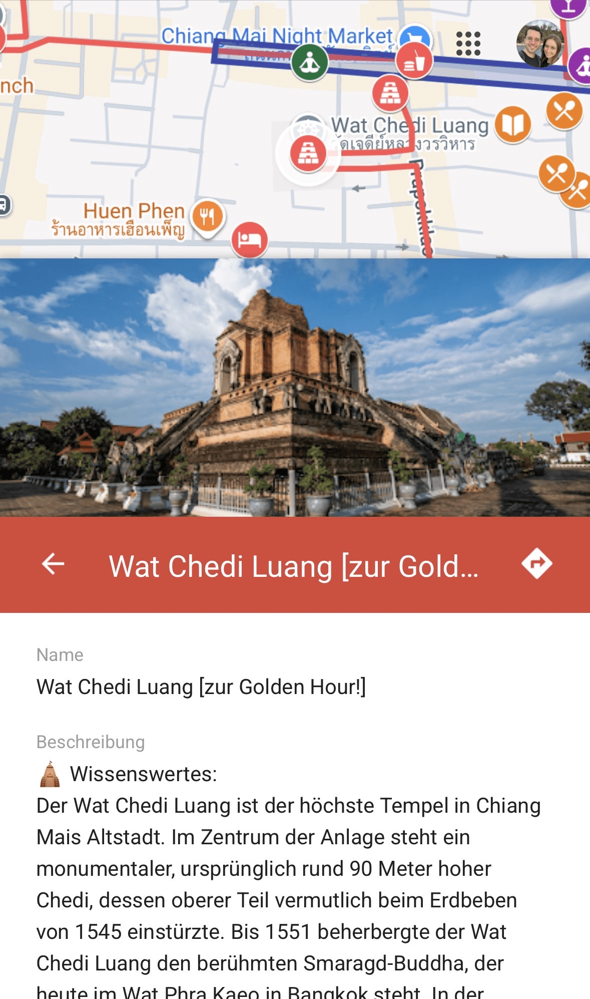 Wat Chedi Luang als aufgeklappter Spot auf der Chiang-Mai-Karte mit Foto und Insider-Tipp von AlexAsia