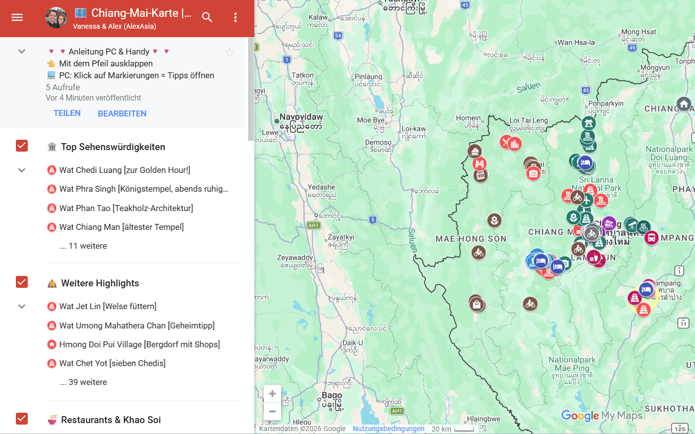 Chiang-Mai-Karte am Tablet: Ebenen-Liste und Pins von Chiang Mai bis Mae Hong Son und Lampang von AlexAsia
